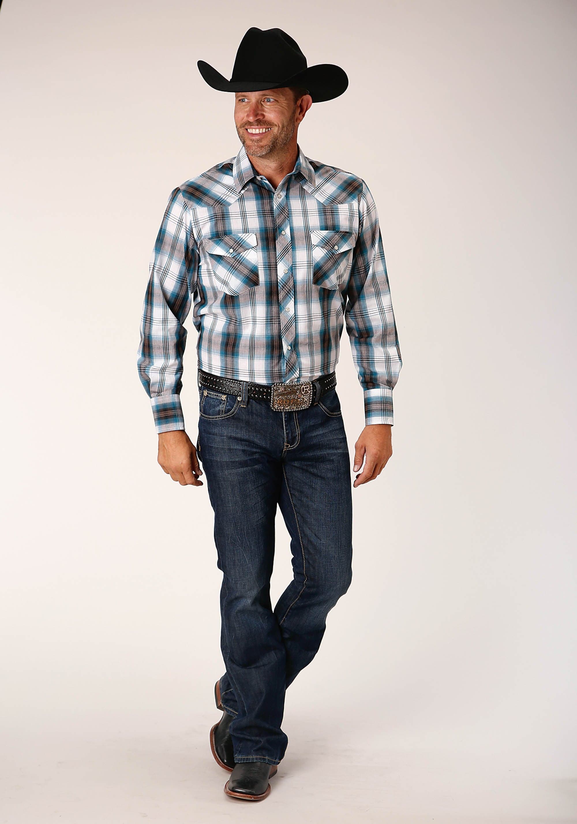 Roper Mens Long Sleeve Snap Peacock Blue Brown Black White Plaid Western Shirt - Roper
