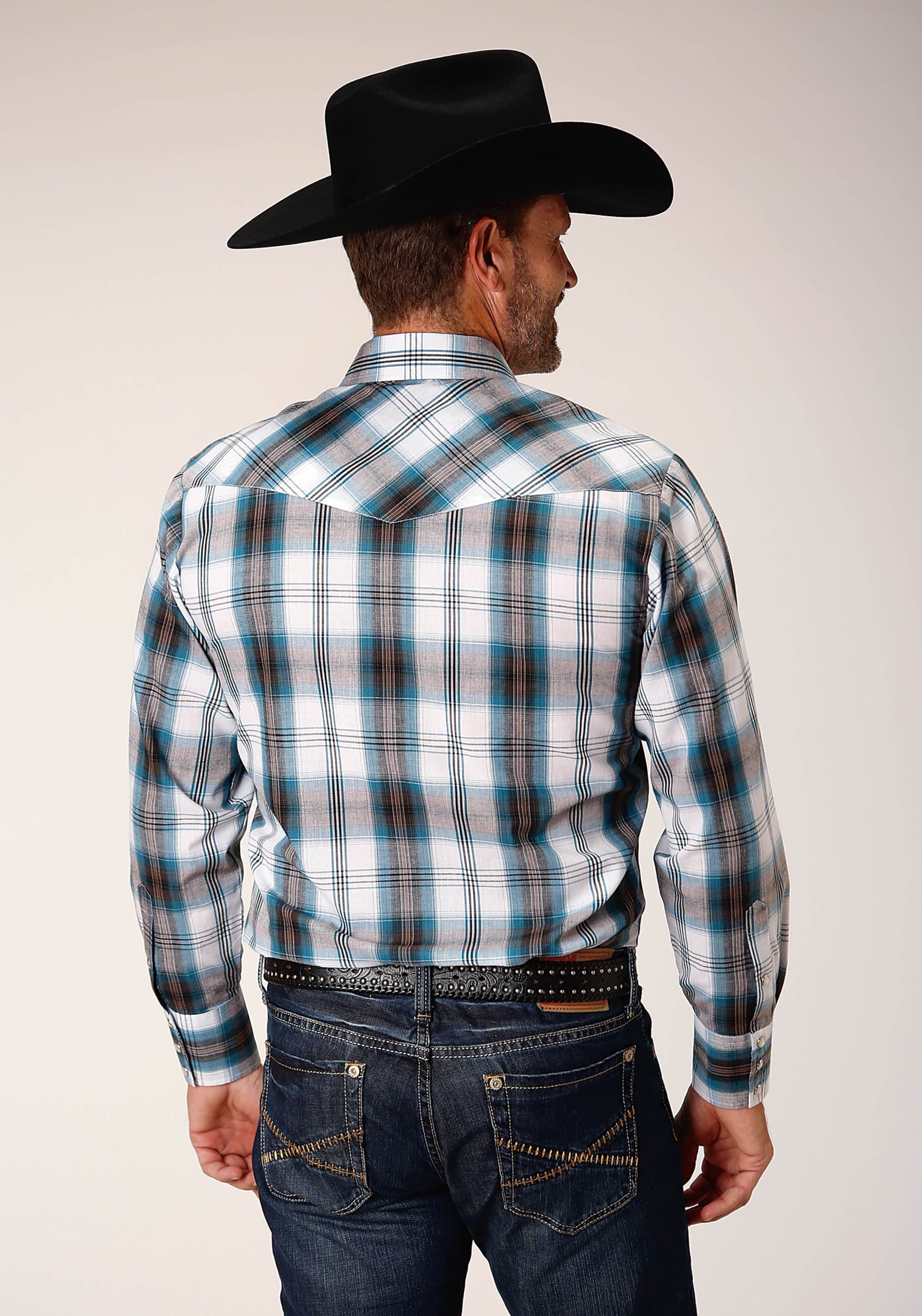 Roper Mens Long Sleeve Snap Peacock Blue Brown Black White Plaid Western Shirt - Roper