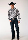 Roper Mens Long Sleeve Snap Black Aqua Grey Plaid Western Shirt - Roper