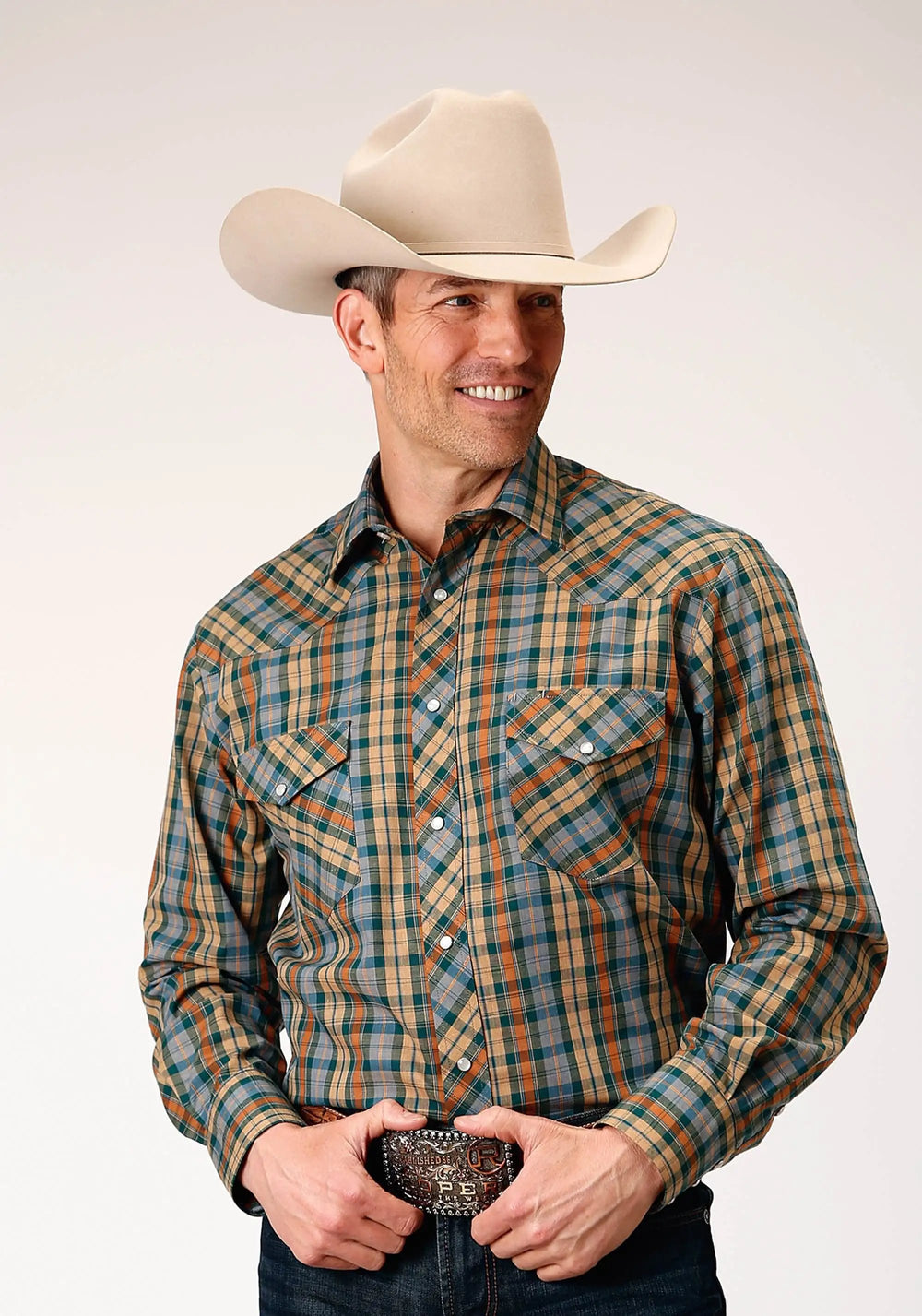 Roper Mens Long Sleeve Snap Green Rust Tan Small Scale Plaid Western Shirt - Roper
