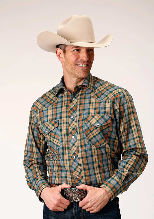 Roper Mens Long Sleeve Snap Green Rust Tan Small Scale Plaid Western Shirt - Roper - Flyclothing LLC