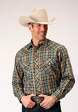 Roper Mens Long Sleeve Snap Green Rust Tan Small Scale Plaid Western Shirt - Roper