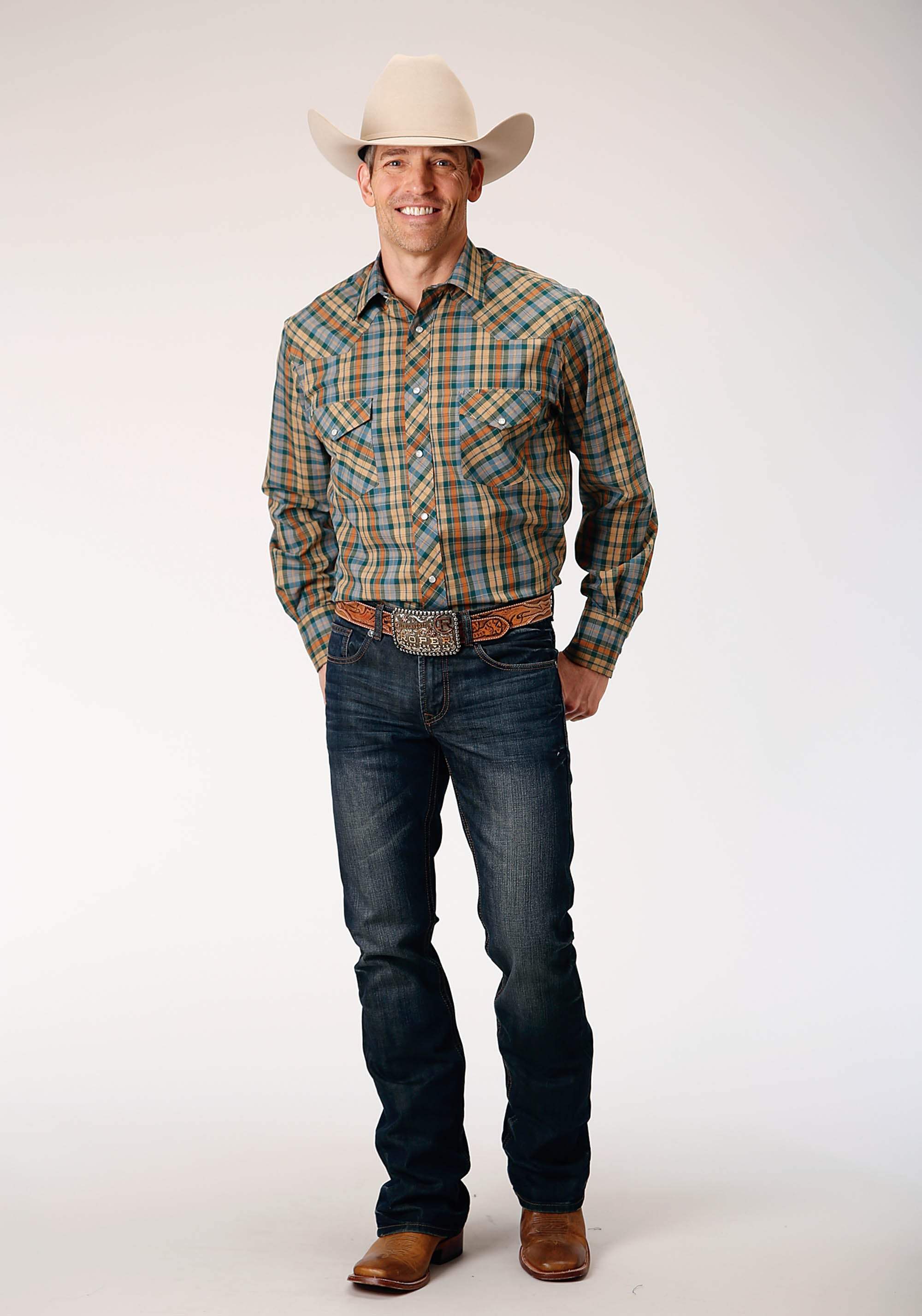 Roper Mens Long Sleeve Snap Green Rust Tan Small Scale Plaid Western Shirt - Roper - Flyclothing LLC