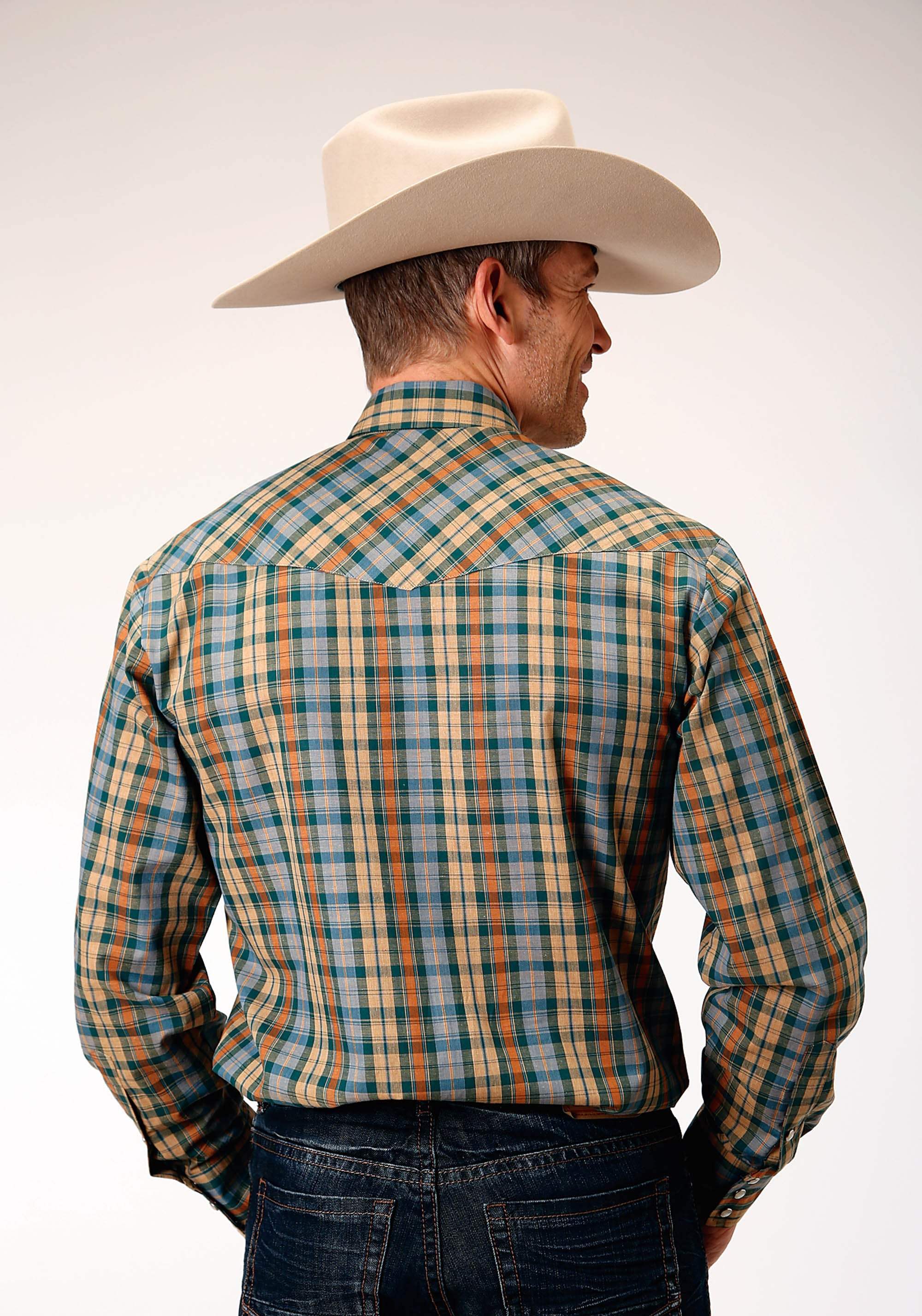 Roper Mens Long Sleeve Snap Green Rust Tan Small Scale Plaid Western Shirt - Roper - Flyclothing LLC