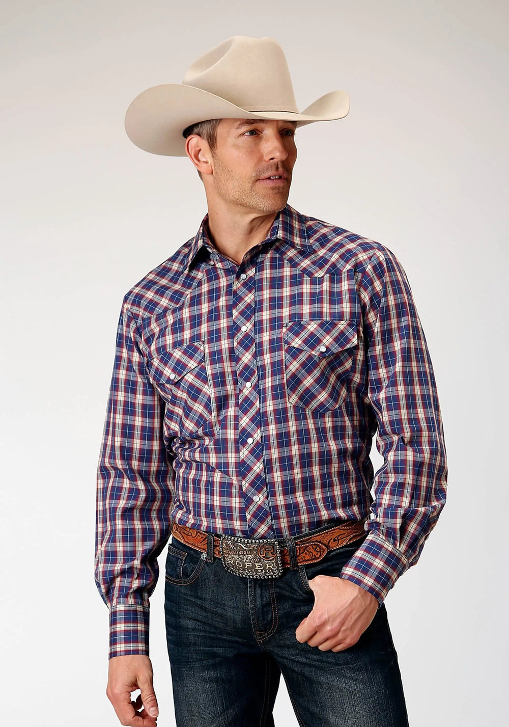 Roper Mens Long Sleeve Snap Navy Red Cream Windowpane Plaid Western Shirt - Roper