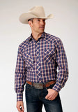 Roper Mens Long Sleeve Snap Navy Red Cream Windowpane Plaid Western Shirt - Roper