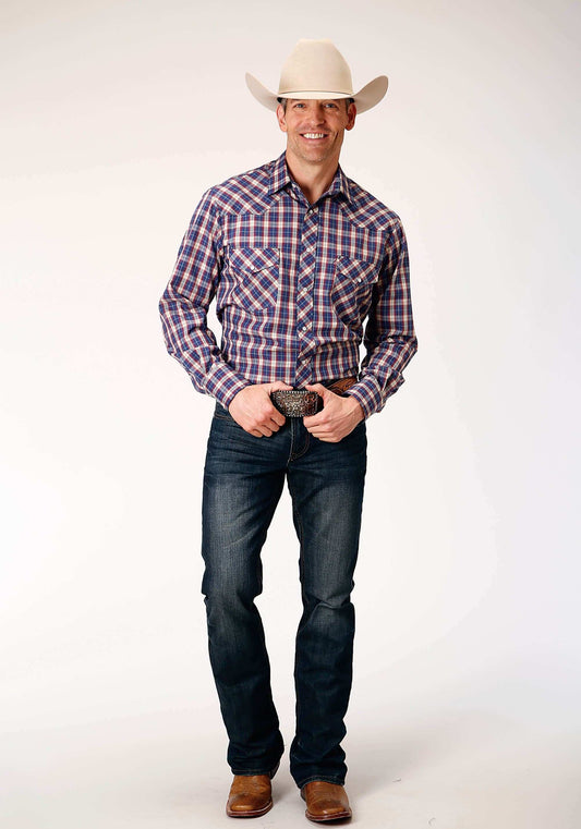 Roper Mens Long Sleeve Snap Navy Red Cream Windowpane Plaid Western Shirt - Roper - Flyclothing LLC