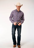 Roper Mens Long Sleeve Snap Navy Red Cream Windowpane Plaid Western Shirt - Roper
