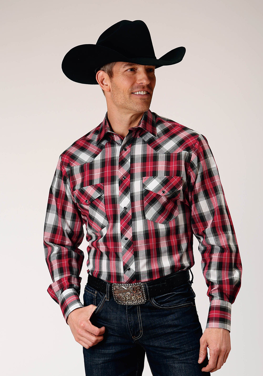 Roper Mens Long Sleeve Snap Red Black Grey Plaid Western Shirt - Roper