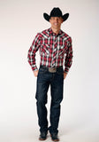 Roper Mens Long Sleeve Snap Red Black Grey Plaid Western Shirt - Roper