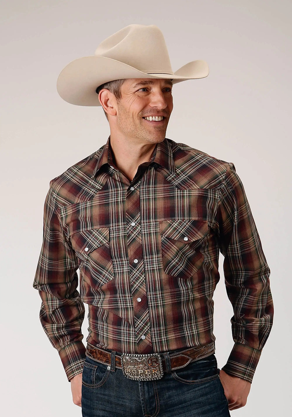 Roper Mens Long Sleeve Snap Multi Brown Black Green Plaid Western Shirt - Roper