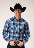 Roper Mens Long Sleeve Snap Blue Black White Plaid Western Shirt - Roper