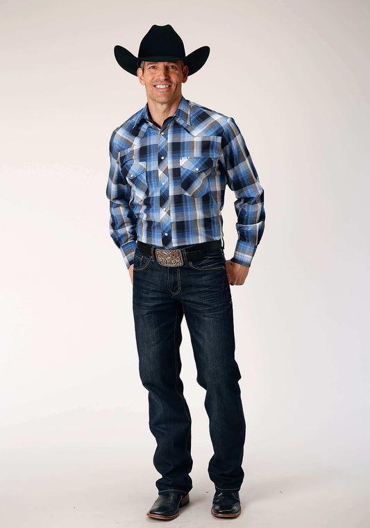 Roper Mens Long Sleeve Snap Blue Black White Plaid Western Shirt - Roper - Flyclothing LLC
