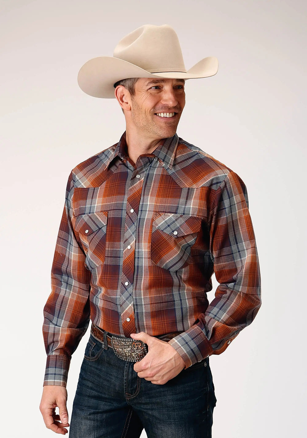 Roper Mens Long Sleeve Snap Brown Navy Cream Plaid Western Shirt - Roper