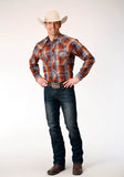Roper Mens Long Sleeve Snap Brown Navy Cream Plaid Western Shirt - Roper