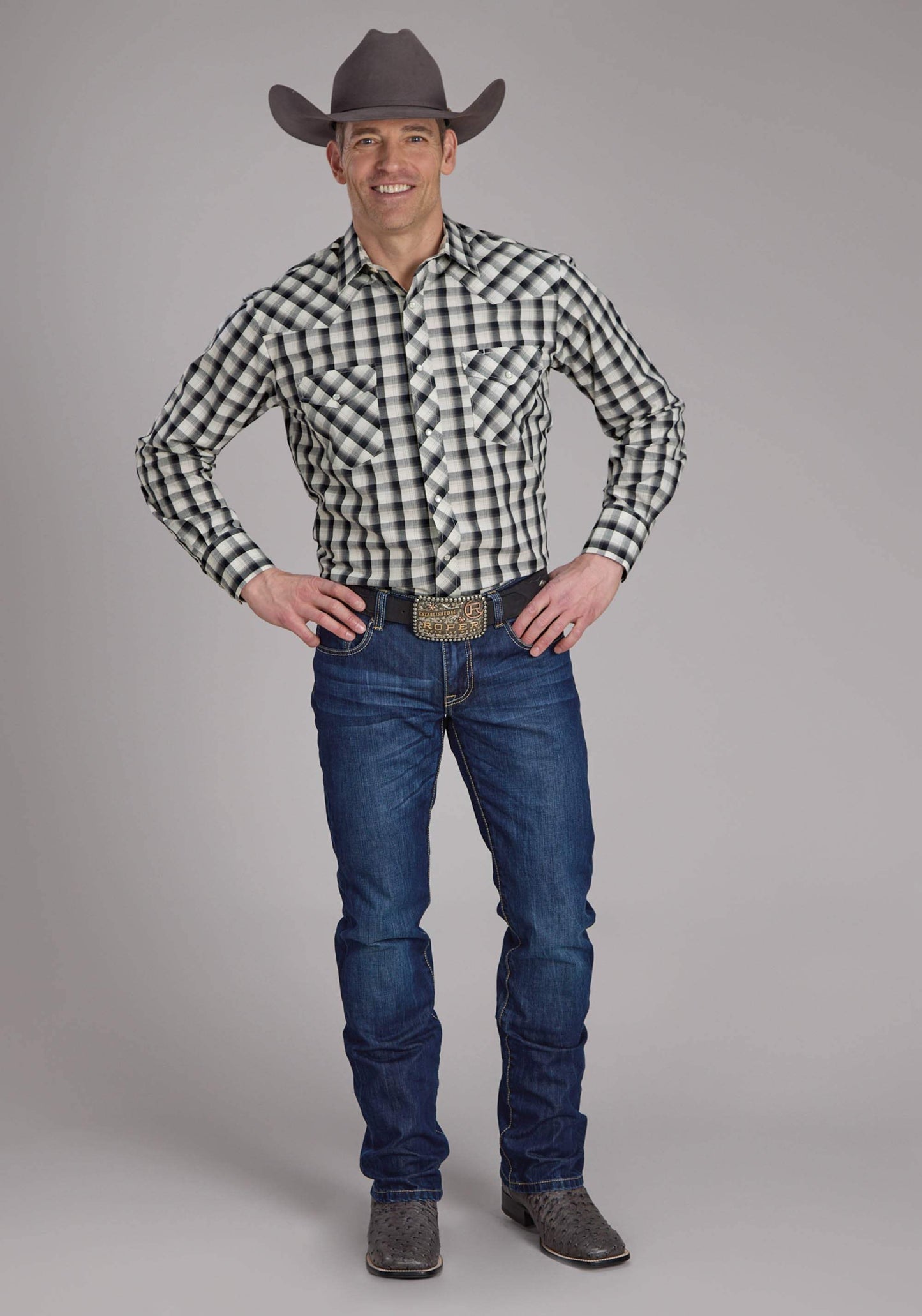 Roper Mens Blue Black And Cream Plaid Long Sleeve Snap Western Shirt - Roper - Flyclothing LLC