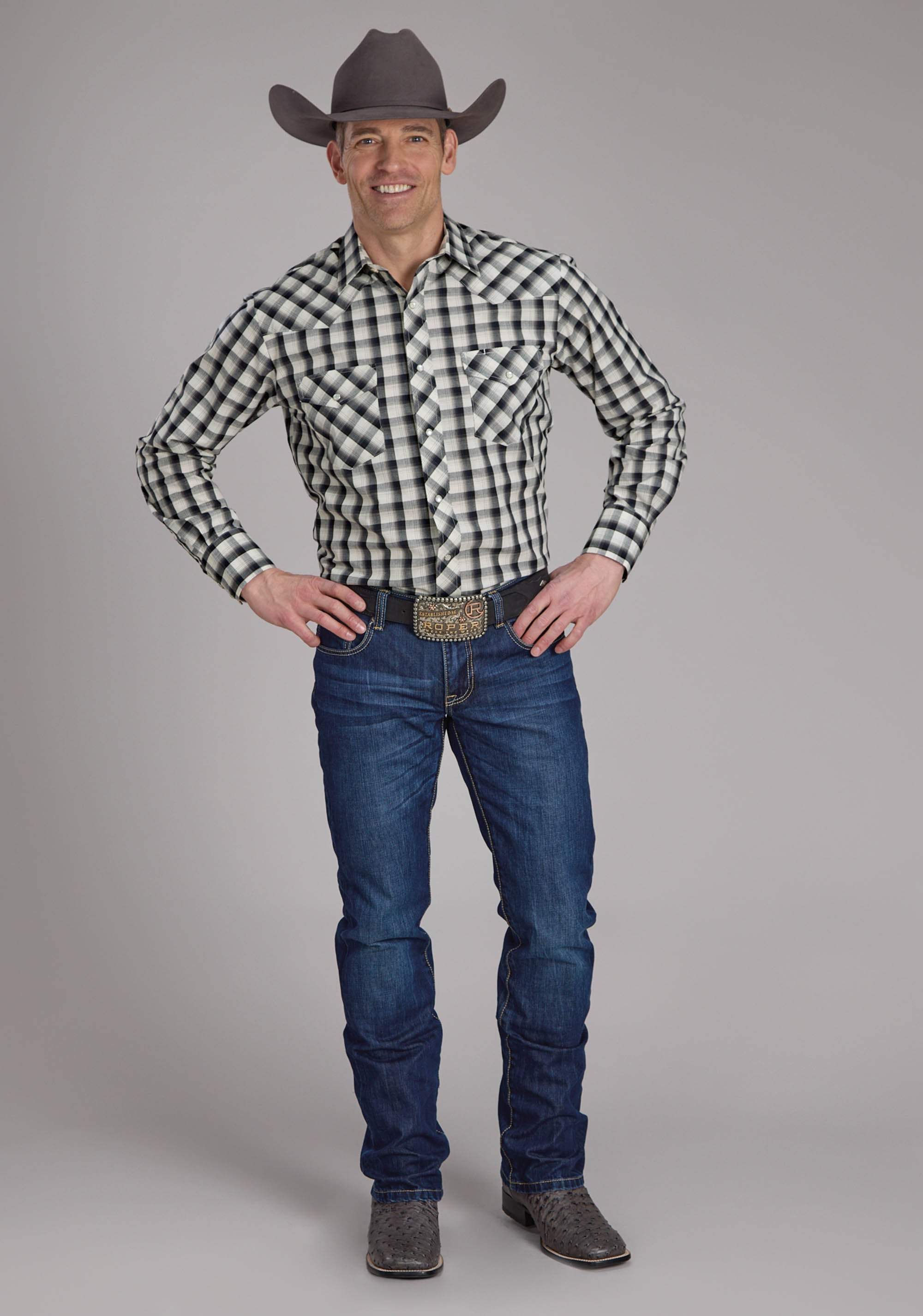 Roper Mens Blue Black And Cream Plaid Long Sleeve Snap Western Shirt - Roper - Flyclothing LLC