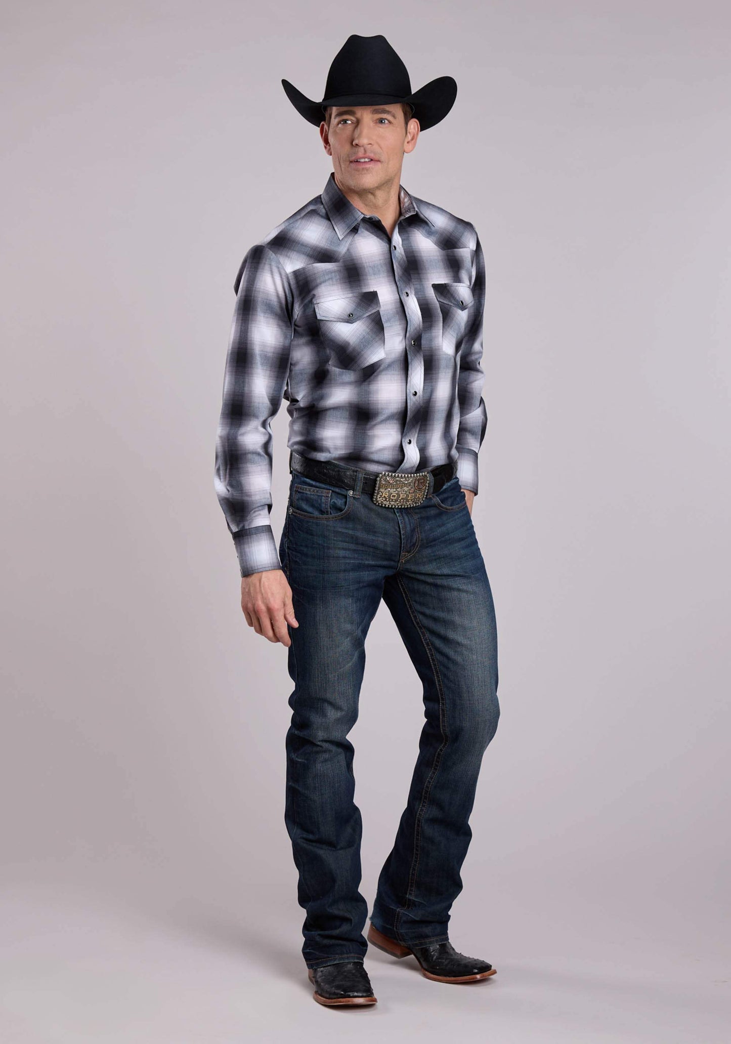 Roper Mens Long Sleeve Snap Black Grey White Plaid Western Shirt - Roper - Flyclothing LLC