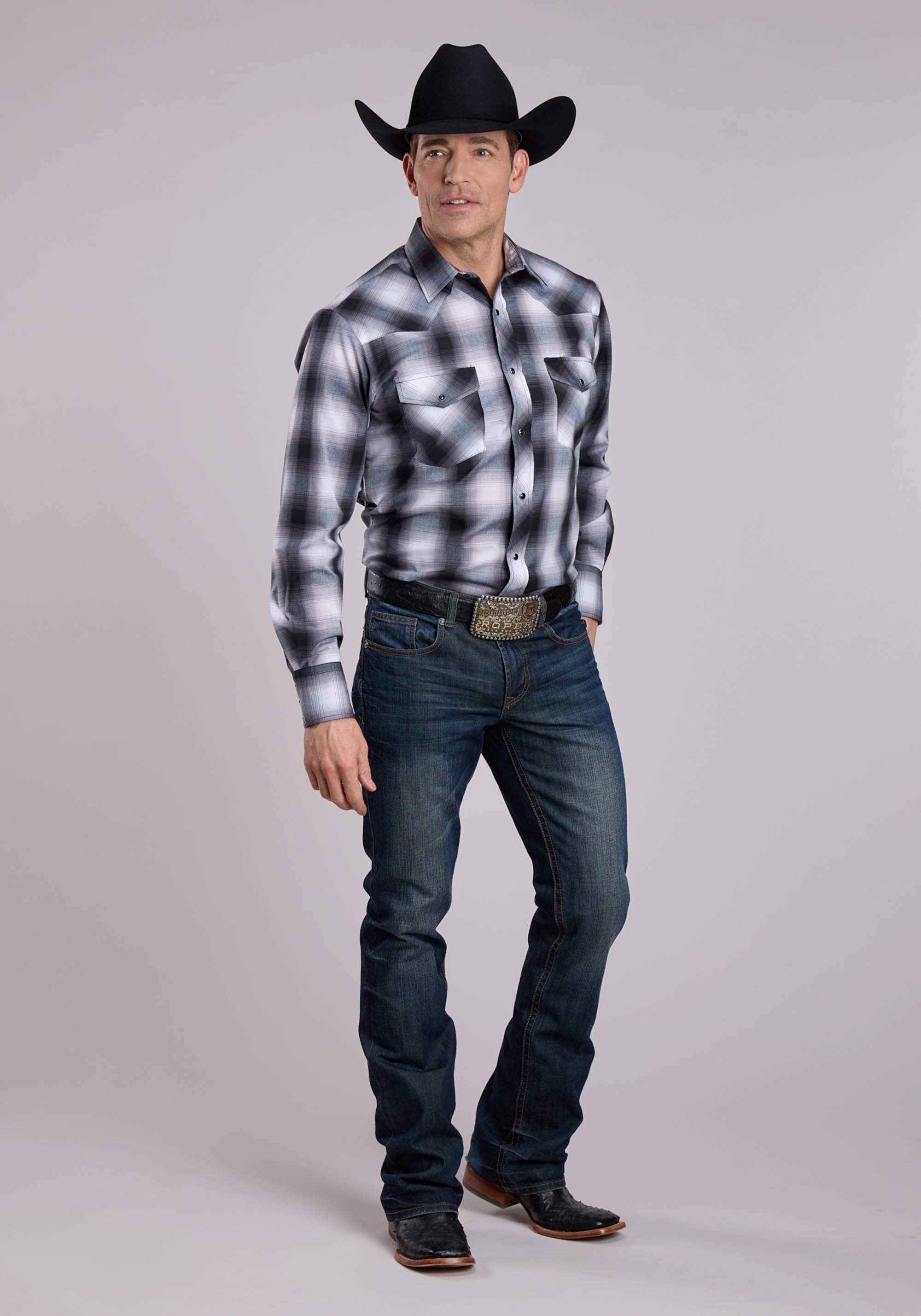Roper Mens Long Sleeve Snap Black Grey White Plaid Western Shirt - Roper - Flyclothing LLC