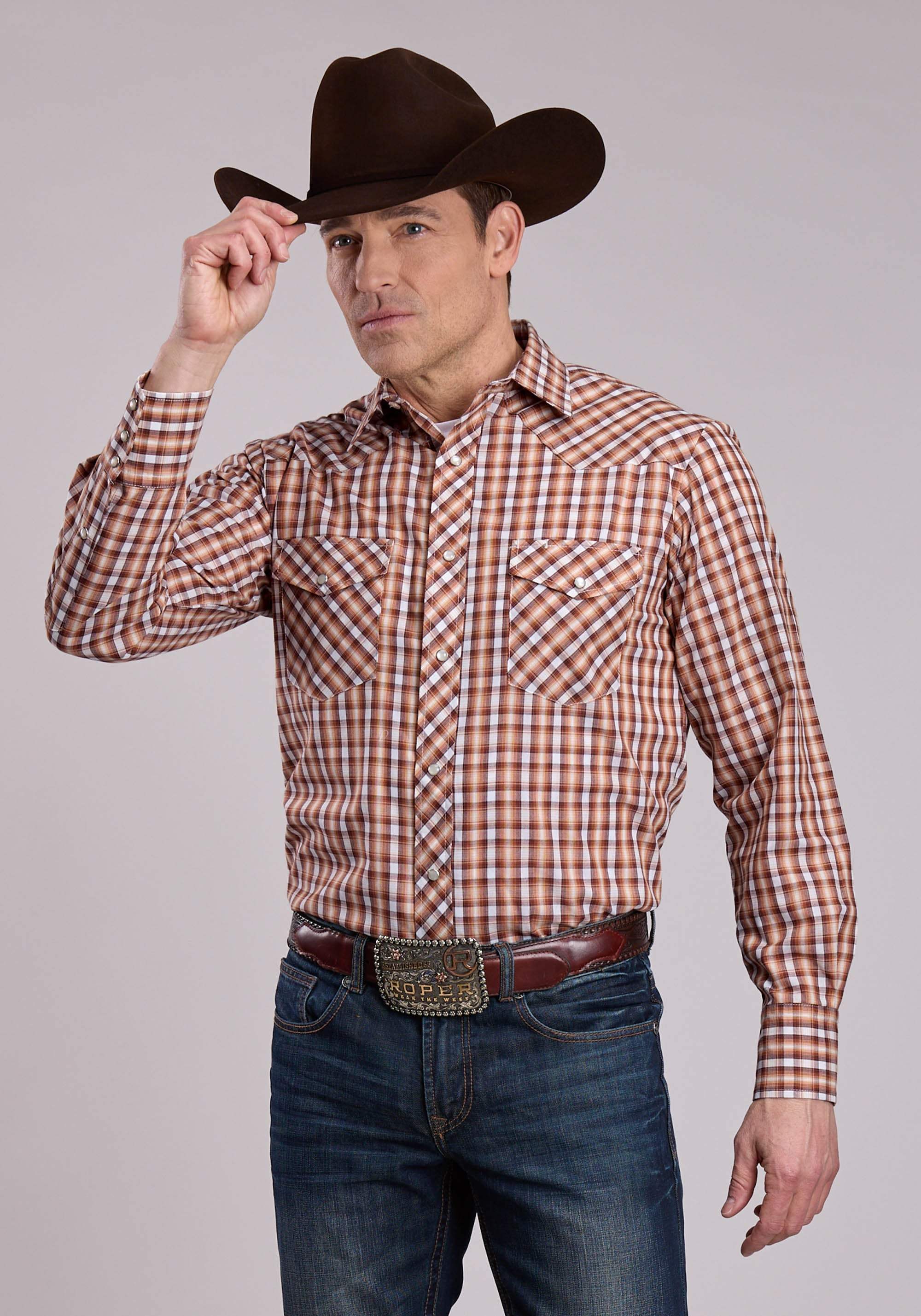 Roper Mens Long Sleeve Snap Brown Cream Plaid Western Shirt - Roper - Flyclothing LLC