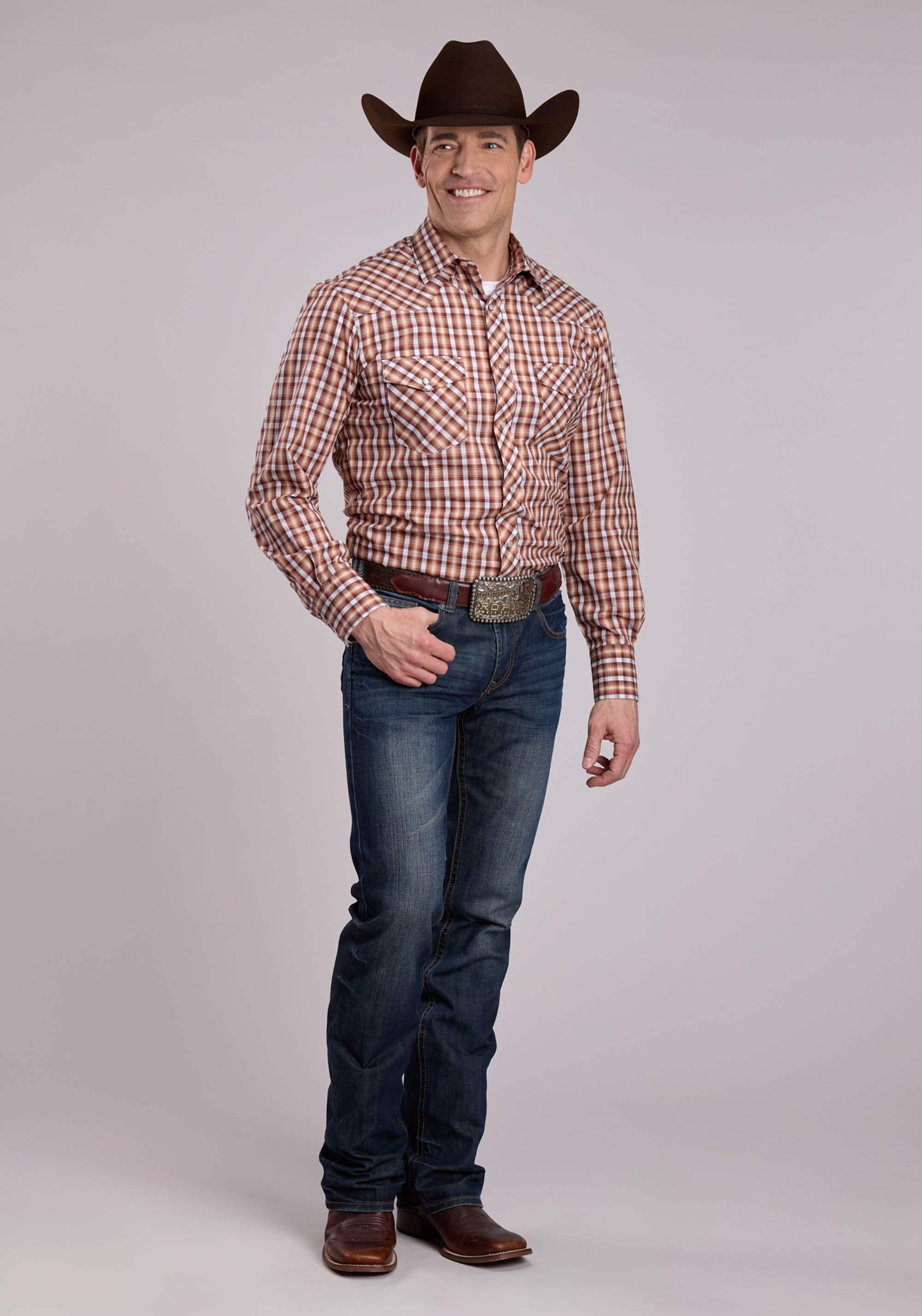 Roper Mens Long Sleeve Snap Brown Cream Plaid Western Shirt - Roper - Flyclothing LLC