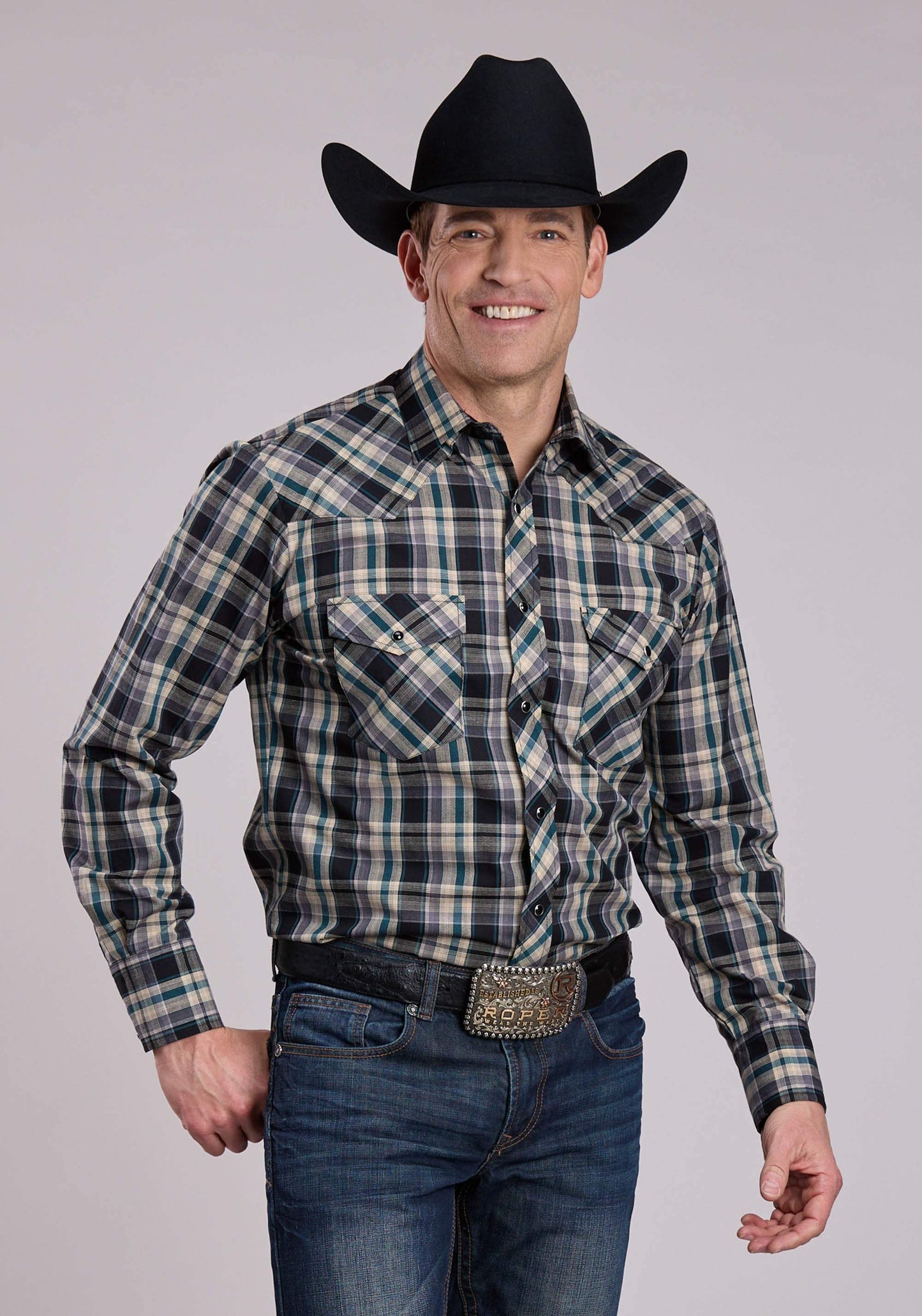 Roper Mens Long Sleeve Snap Forrest Black Tan Plaid Western Shirt - Roper - Flyclothing LLC