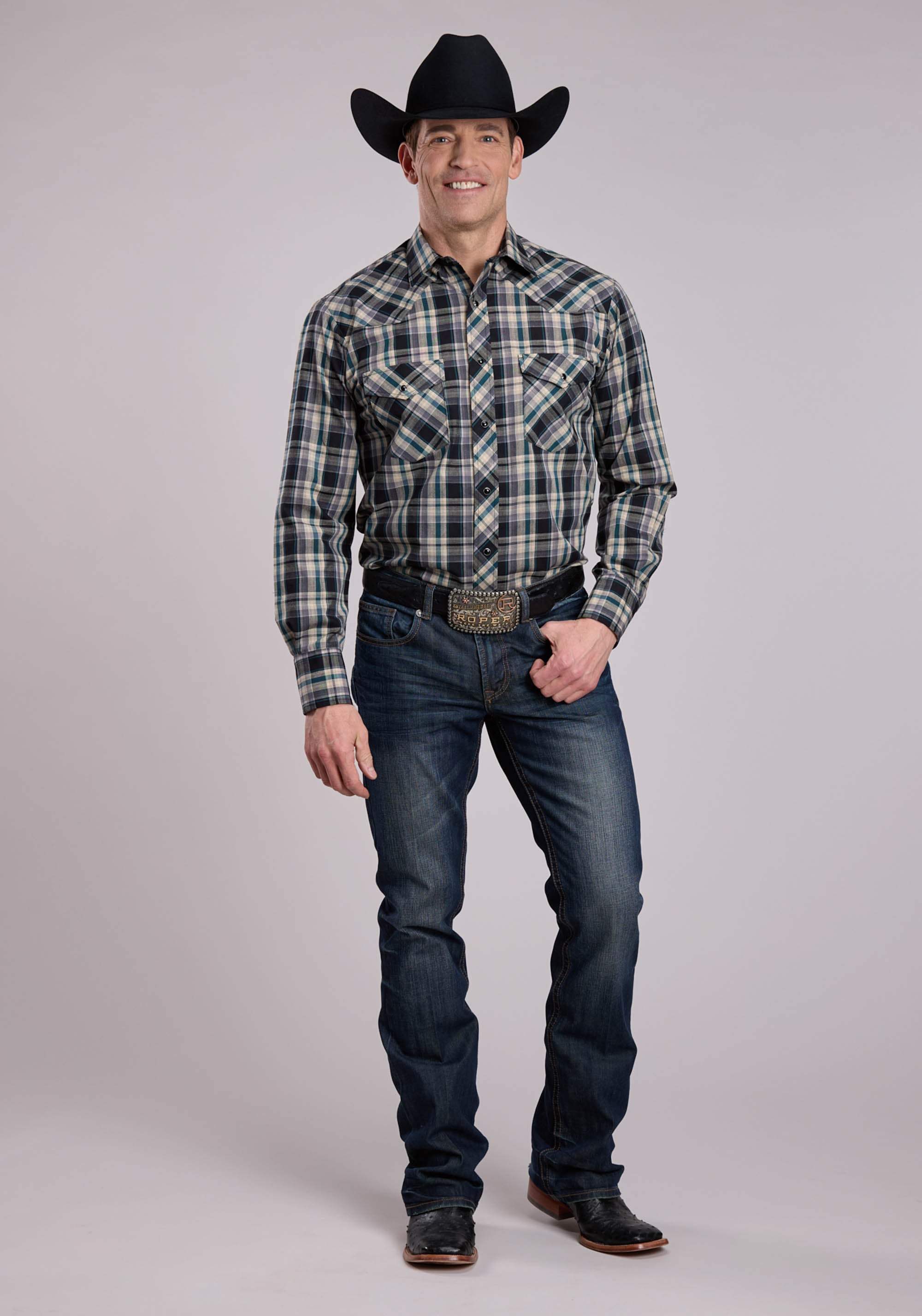 Roper Mens Long Sleeve Snap Forrest Black Tan Plaid Western Shirt - Roper - Flyclothing LLC