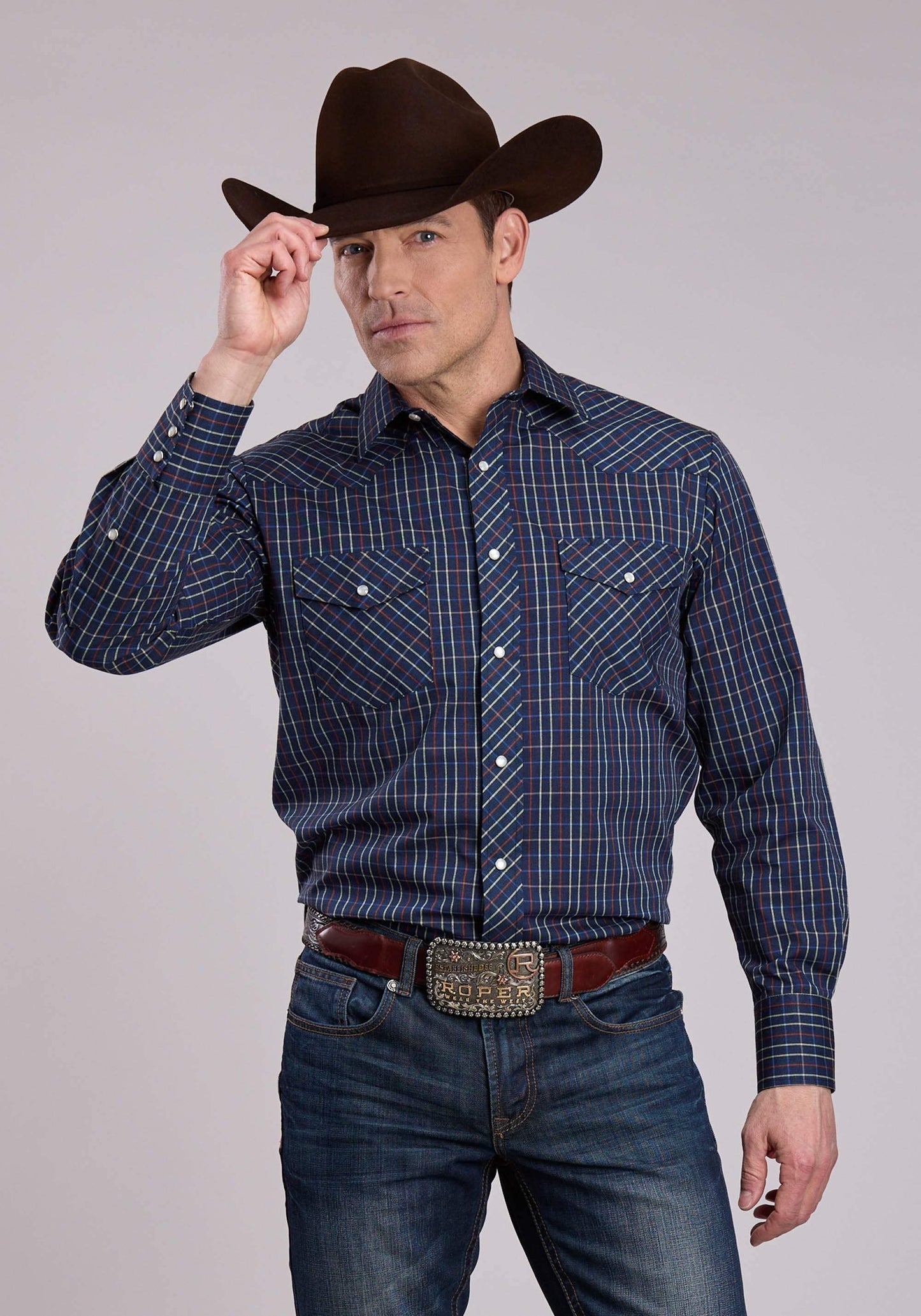 Roper Mens Long Sleeve Snap Blue Rust Yellow Windowpane Plaid Western Shirt - Roper - Flyclothing LLC