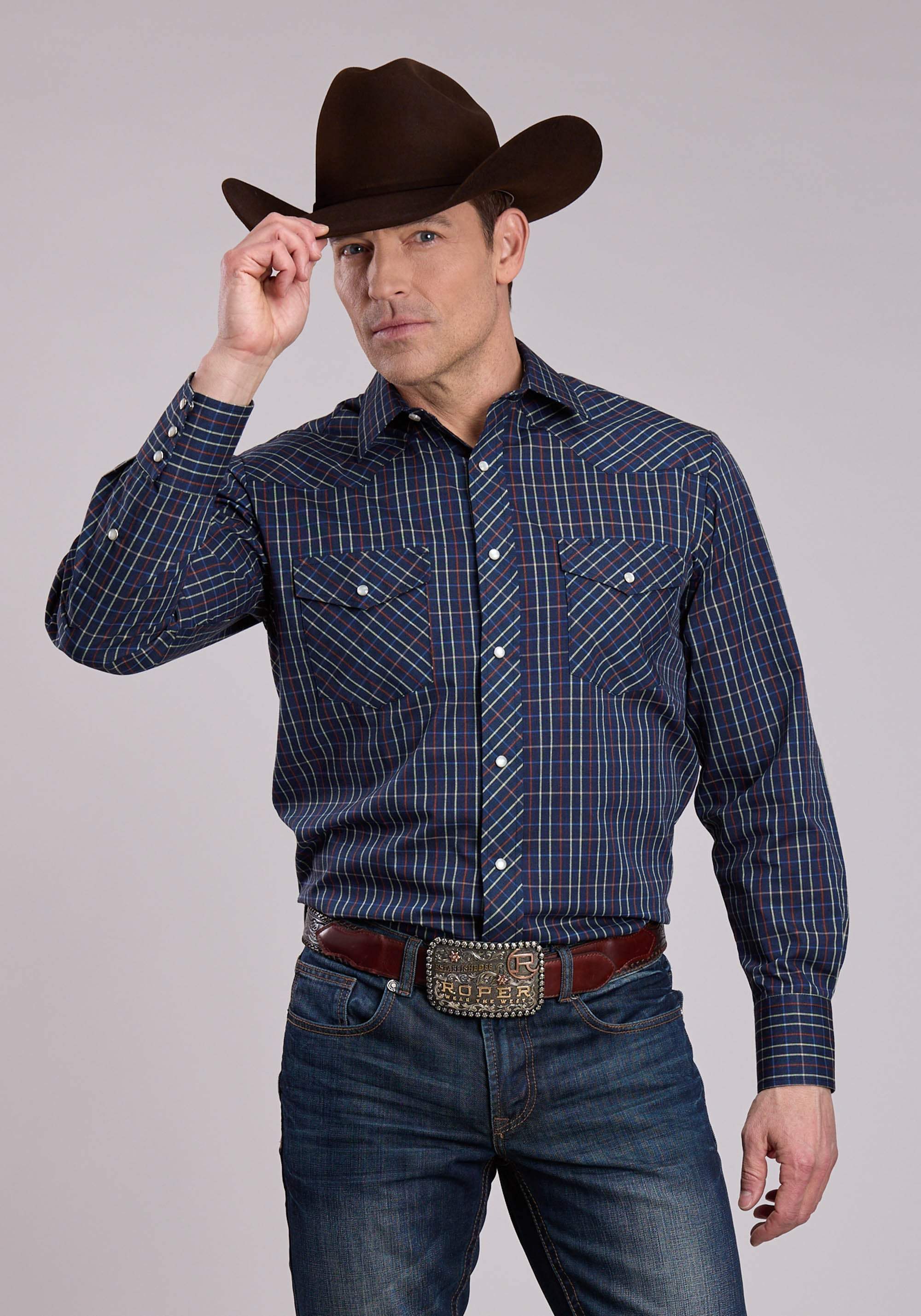 Roper Mens Long Sleeve Snap Blue Rust Yellow Windowpane Plaid Western Shirt - Roper - Flyclothing LLC