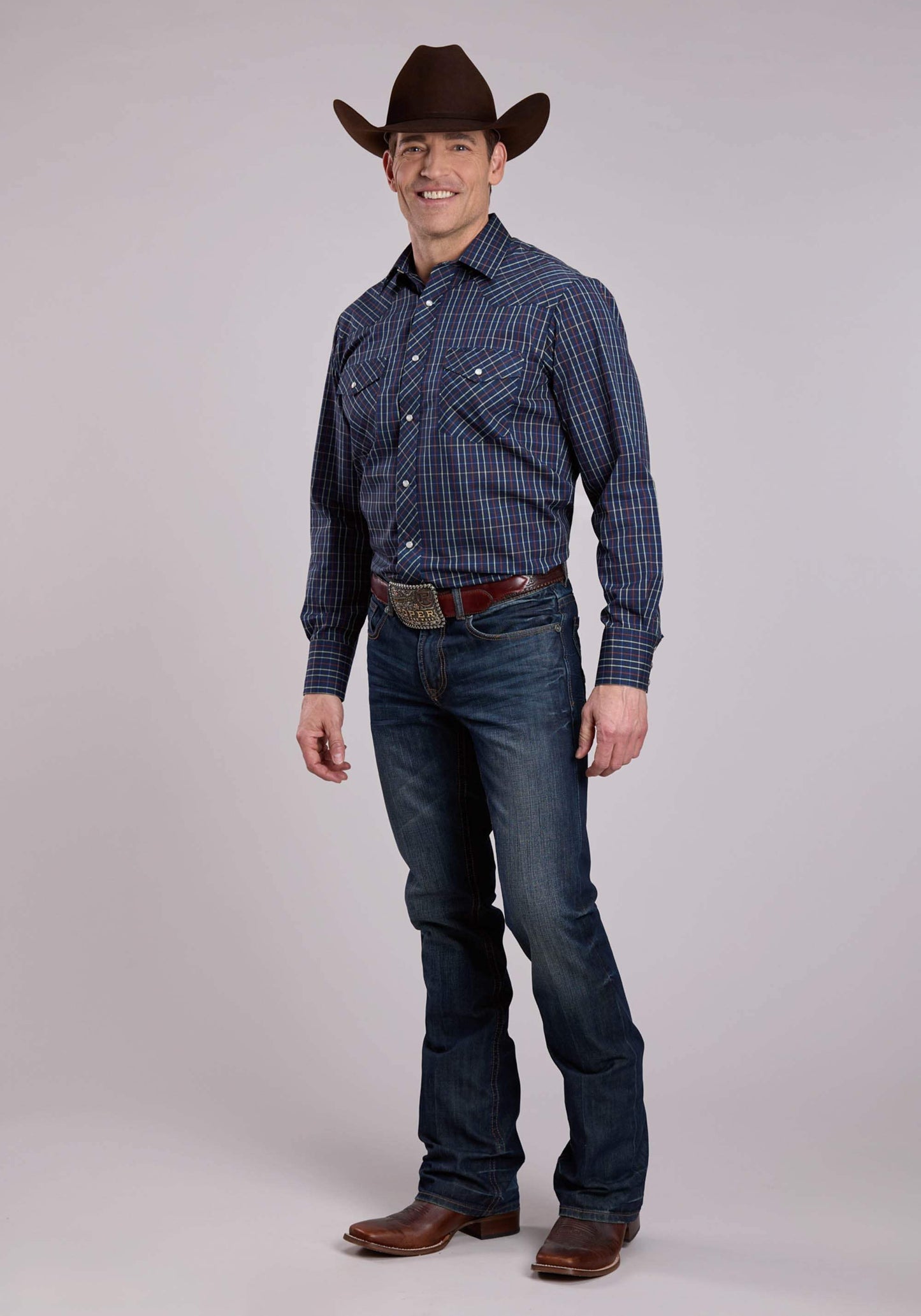Roper Mens Long Sleeve Snap Blue Rust Yellow Windowpane Plaid Western Shirt - Roper - Flyclothing LLC