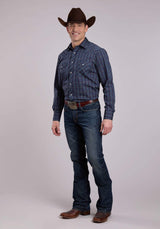 Roper Mens Long Sleeve Snap Blue Rust Yellow Windowpane Plaid Western Shirt - Roper - Flyclothing LLC