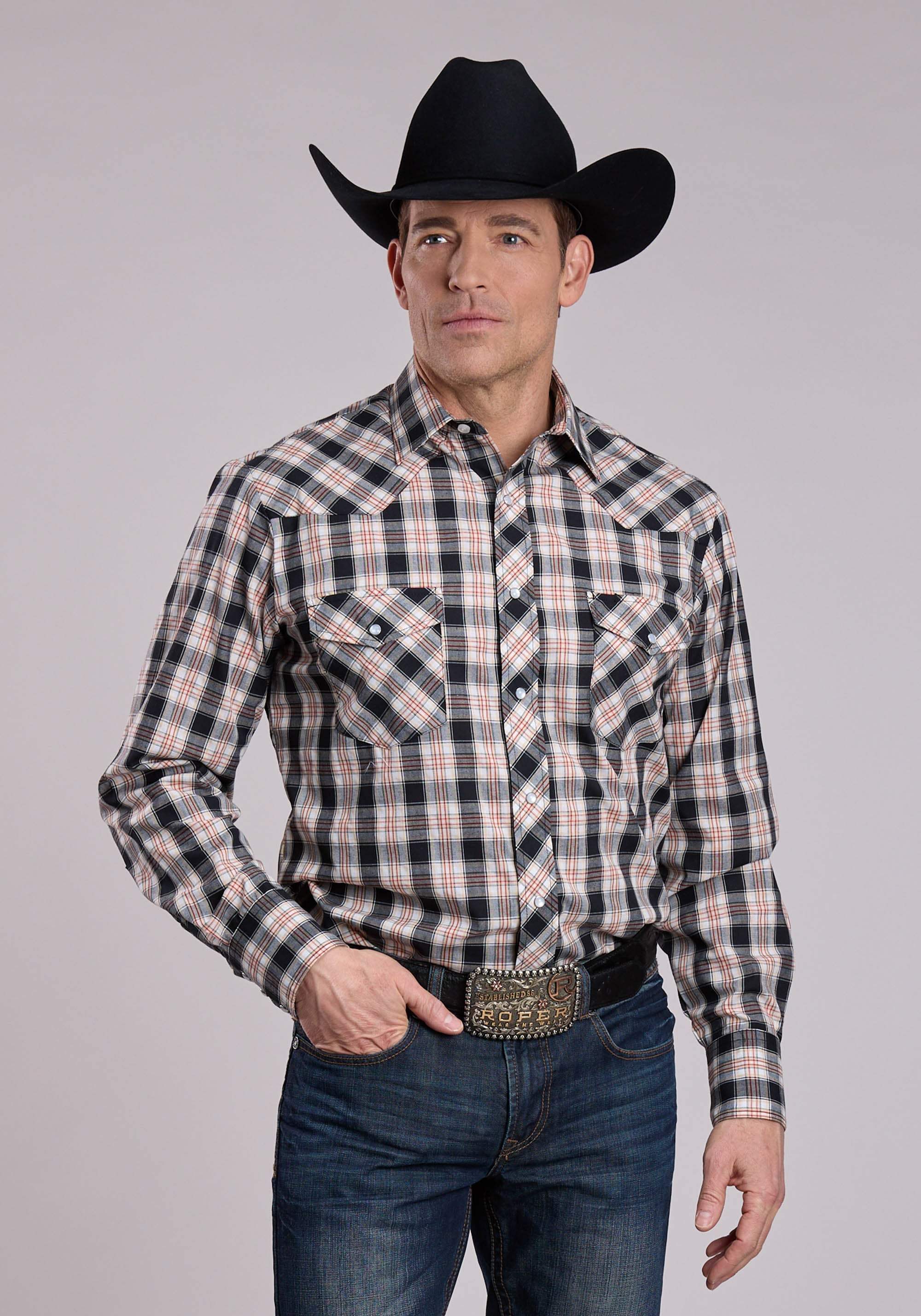 Roper Mens Long Sleeve Snap Black White Tan Plaid Western Shirt - Roper - Flyclothing LLC