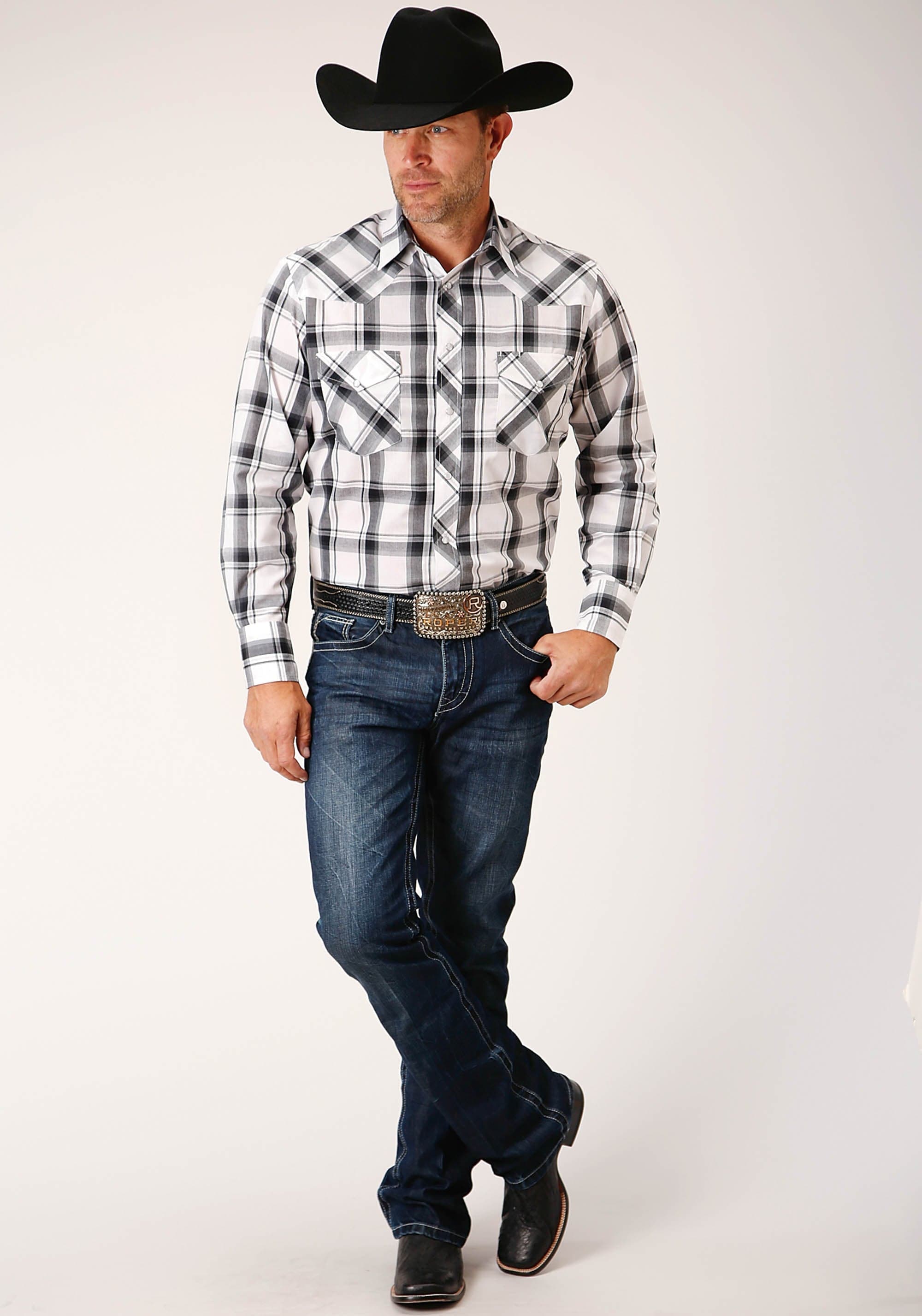 Roper Mens Long Sleeve Snap White  Black  Grey Plaid Western Shirt - Roper