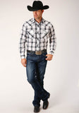 Roper Mens Long Sleeve Snap White  Black  Grey Plaid Western Shirt - Roper