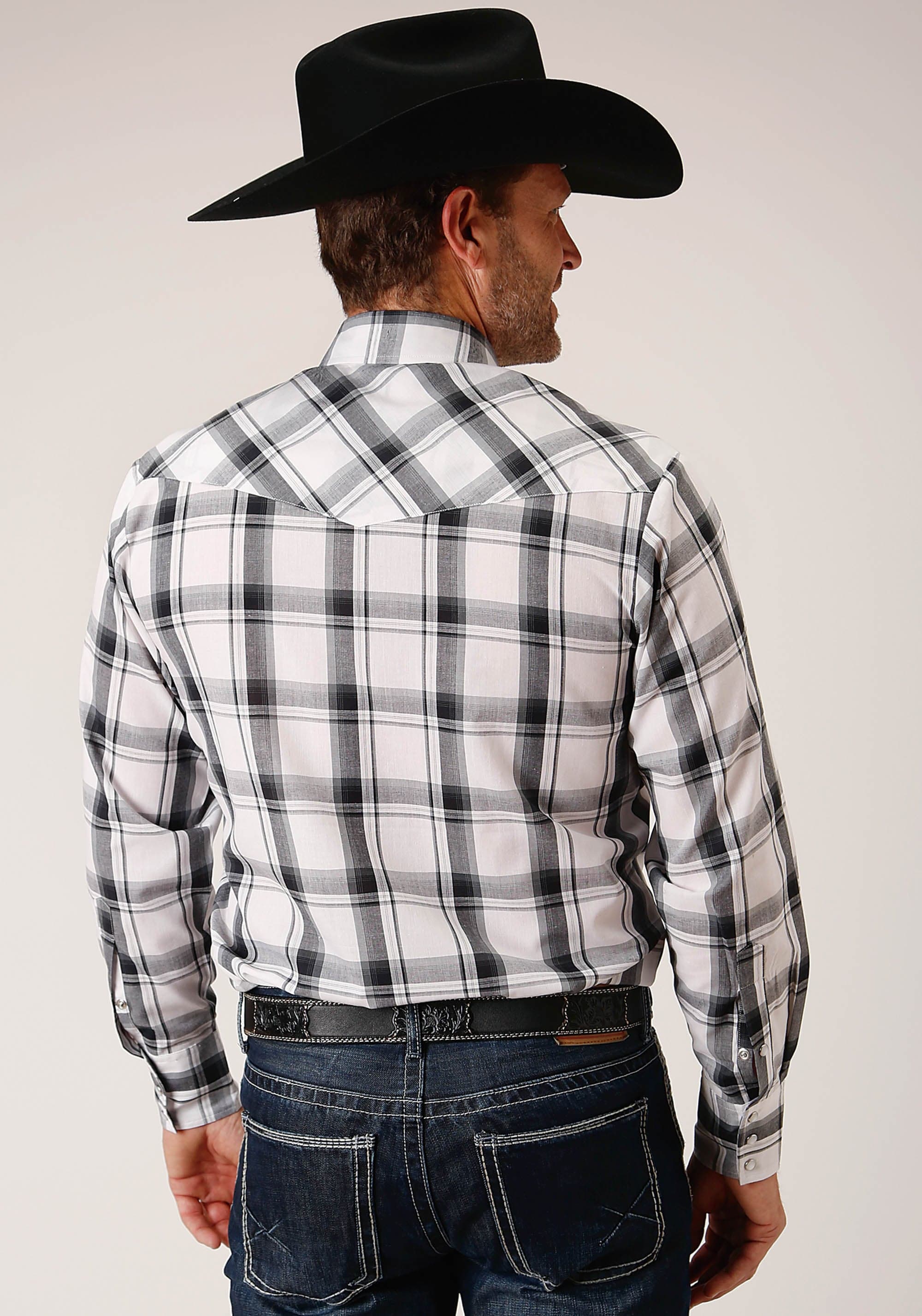 Roper Mens Long Sleeve Snap White  Black  Grey Plaid Western Shirt - Roper