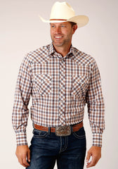 Roper Mens Long Sleeve Snap Navy  Gold  Rust Windowpaind Plaid Western Shirt - Roper