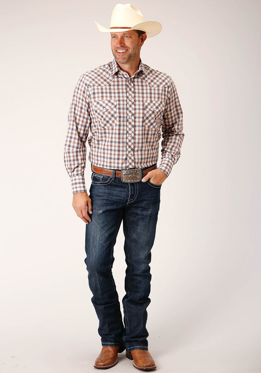 Roper Mens Long Sleeve Snap Navy  Gold  Rust Windowpaind Plaid Western Shirt - Roper