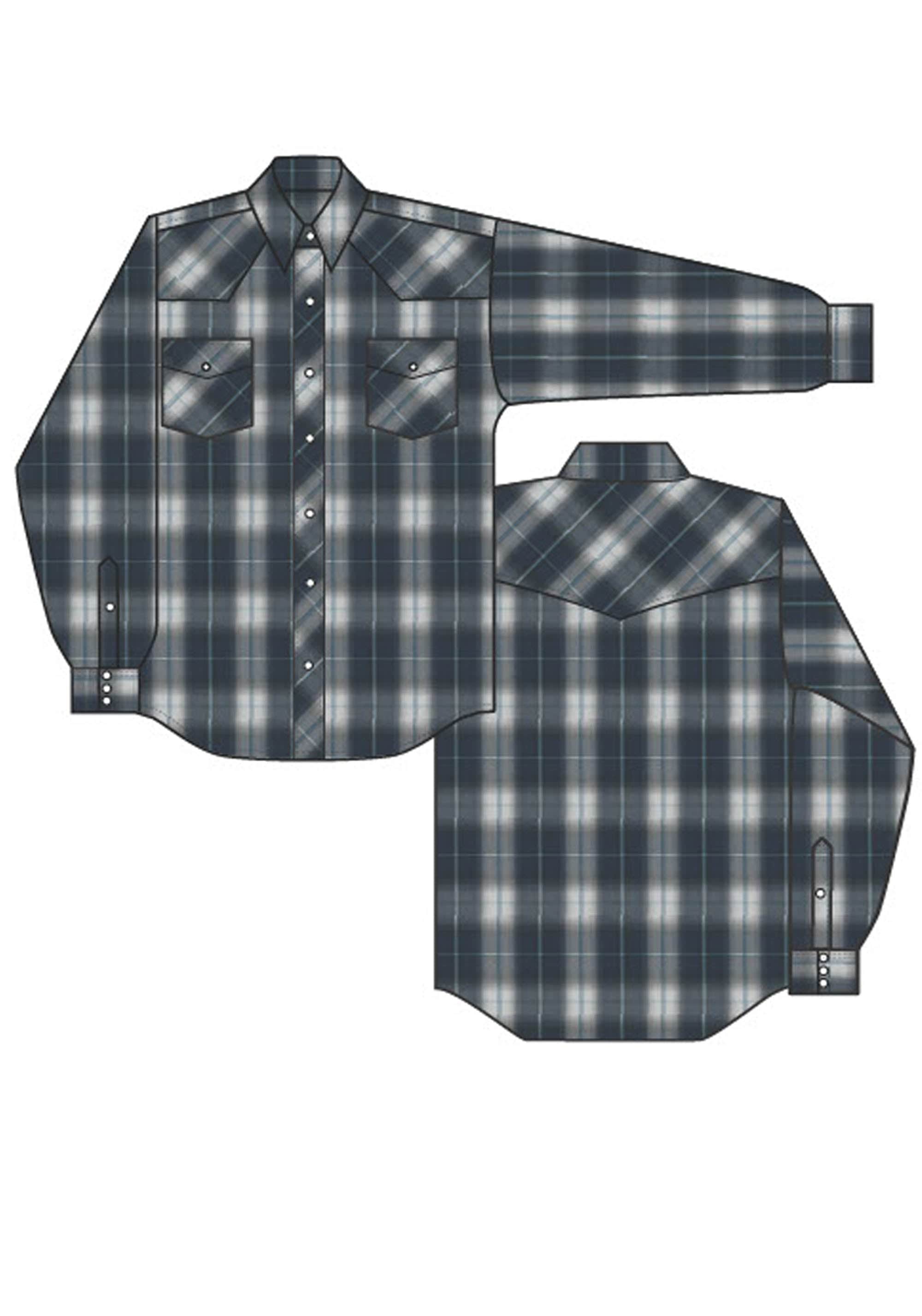 Roper Mens Long Sleeve Snap Navy Grey Ltblue Lg Scale Plaid Western Shirt - Roper