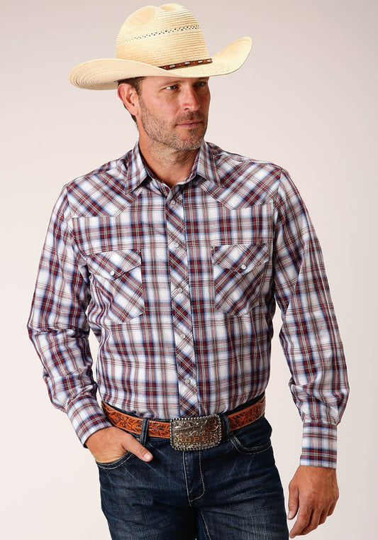 Roper Mens Long Sleeve Snap Wine  Navy  White Plaid Western Shirt - Roper