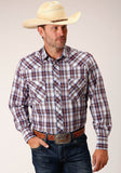 Roper Mens Long Sleeve Snap Wine  Navy  White Plaid Western Shirt - Roper