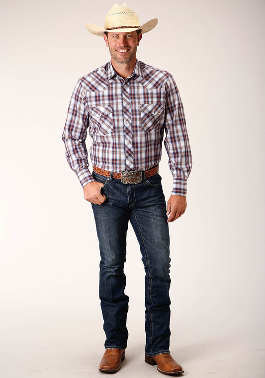 Roper Mens Long Sleeve Snap Wine  Navy  White Plaid Western Shirt - Roper