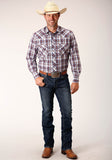 Roper Mens Long Sleeve Snap Wine  Navy  White Plaid Western Shirt - Roper
