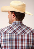 Roper Mens Long Sleeve Snap Wine  Navy  White Plaid Western Shirt - Roper