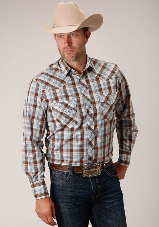 Roper Mens Long Sleeve Snap Brown  Blue And White Plaid Western Shirt - Roper