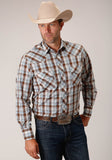 Roper Mens Long Sleeve Snap Brown  Blue And White Plaid Western Shirt - Roper