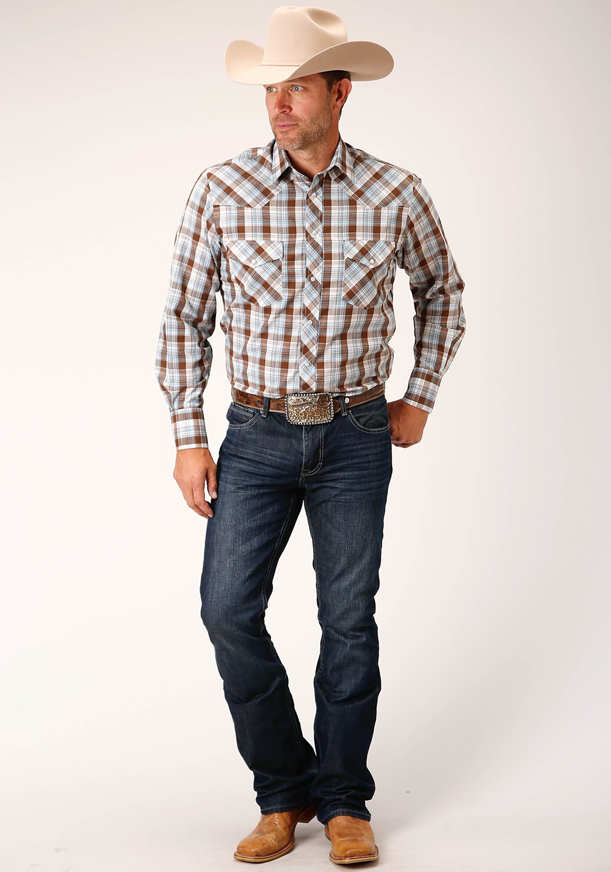Roper Mens Long Sleeve Snap Brown  Blue And White Plaid Western Shirt - Roper