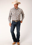 Roper Mens Long Sleeve Snap Brown  Blue And White Plaid Western Shirt - Roper