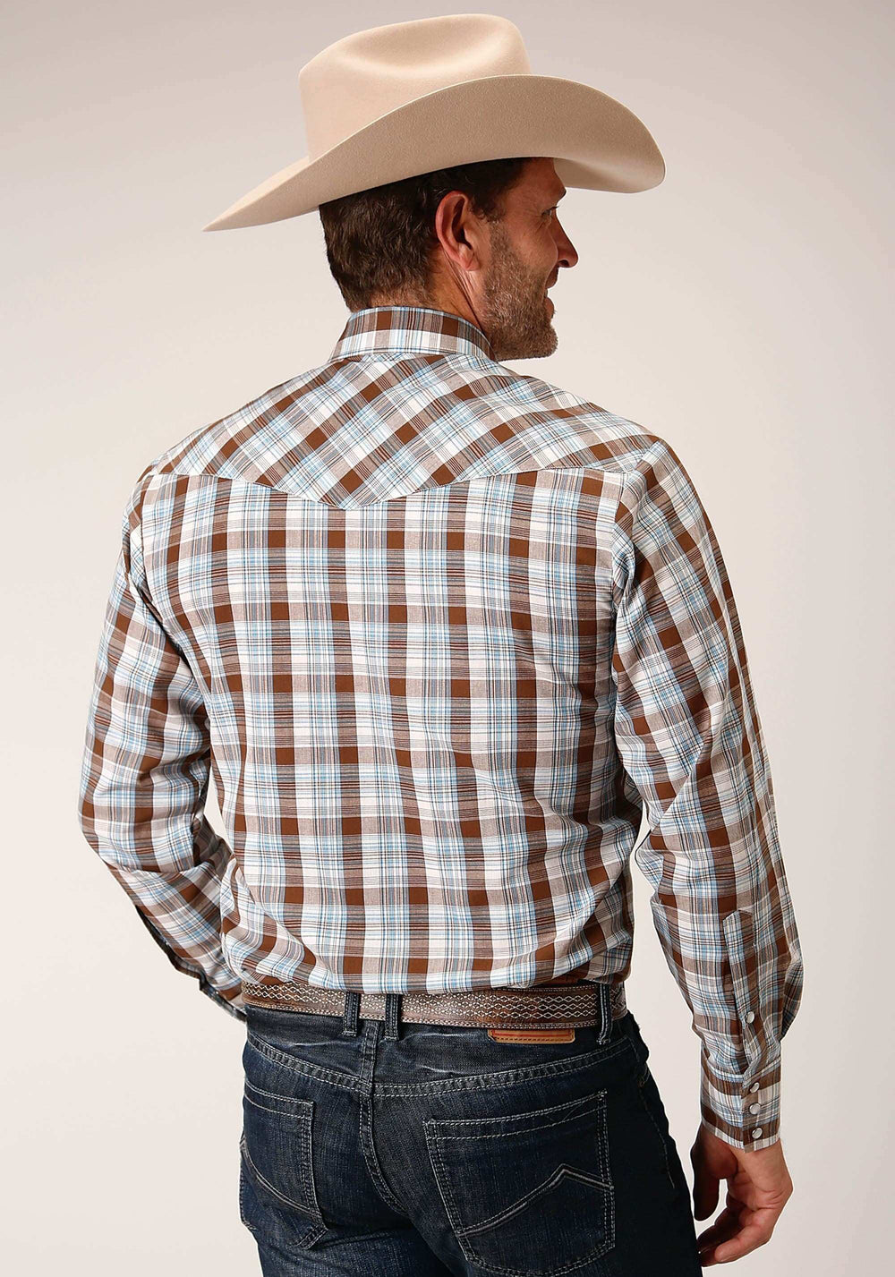 Roper Mens Long Sleeve Snap Brown Blue And White Plaid Western Shirt - Roper - Flyclothing LLC