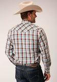 Roper Mens Long Sleeve Snap Brown  Blue And White Plaid Western Shirt - Roper