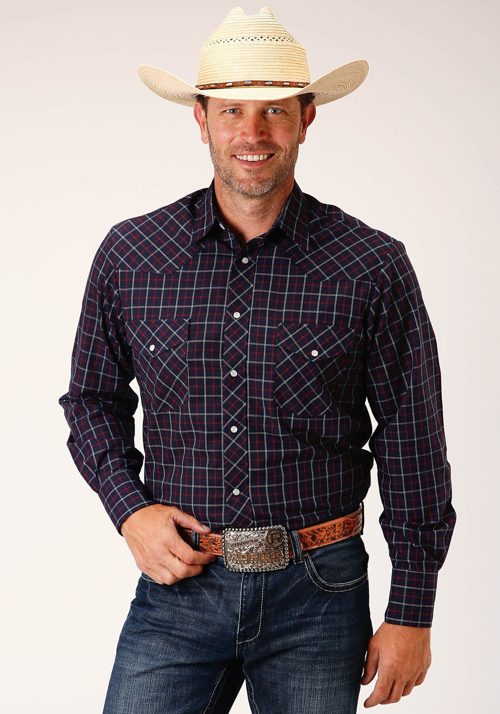 Roper Mens Long Sleeve Snap Navy  Red  White Windowpane Plaid Western Shirt - Roper